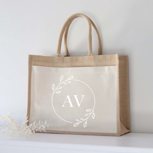 Personalized Burlap Bag Floral Wreath Initial | Market Bag | gift | Custom Gifts | shopping bag