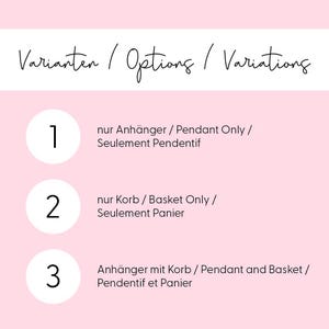 May include: A pink background with three numbered circles. Each circle has a different option for a pendant and basket. Option 1 is for the pendant only. Option 2 is for the basket only. Option 3 is for both the pendant and basket.