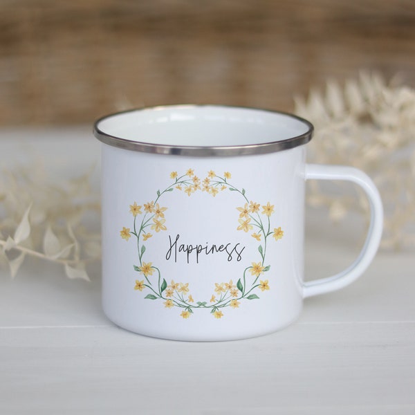 Tasse Emaille | Happiness | Blumenkranz | zum Verschenken | Tasse Blume | Emailletasse | Campingbecher Camper | Kinder | Geburtstag