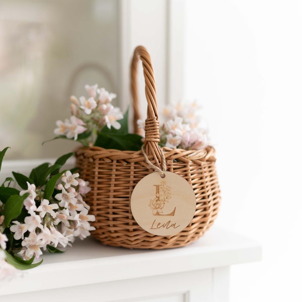 Panier personnalisé avec étiquette | Fleur Enfant Initiale | mariage | Fille de fleur | Panier pour enfants | Accessoires de magasin | panier en osier