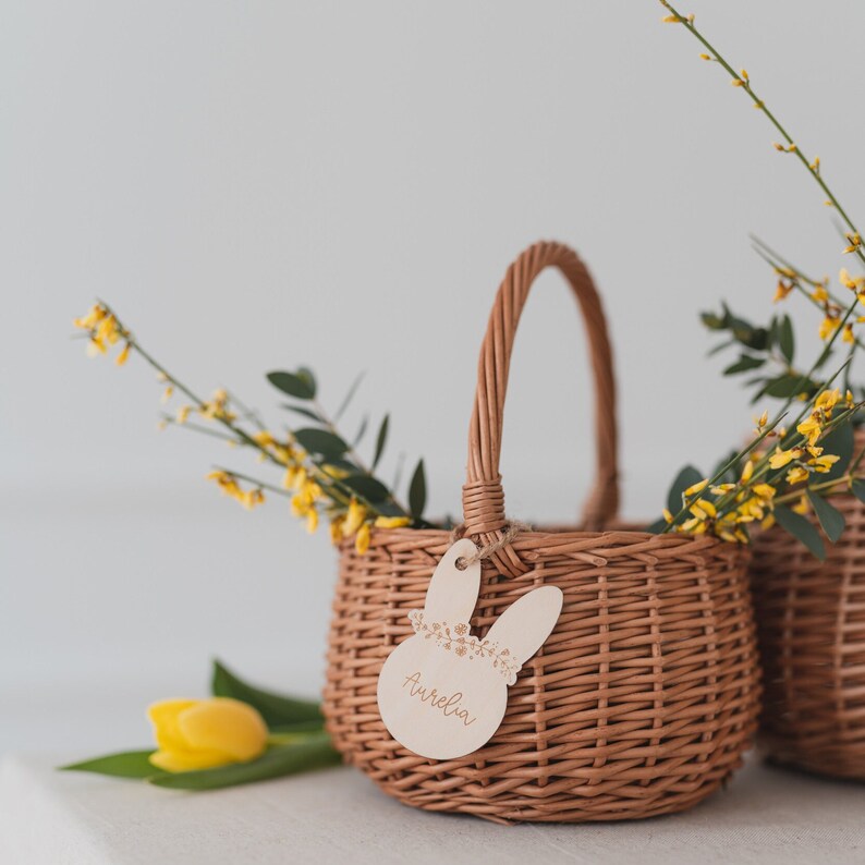 Personalized Easter basket with engraving and basket | Bunny with wreath | Wooden sign, baby/child Easter bag, gift idea image 7