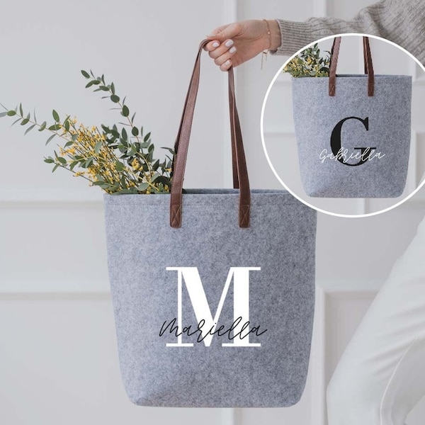 Sac en feutre personnalisé GRIS Nom initial | Acheteurs | Sac à provisions | feutre | Sac de plage | Cadeau pour le meilleur ami | Cadeau maman