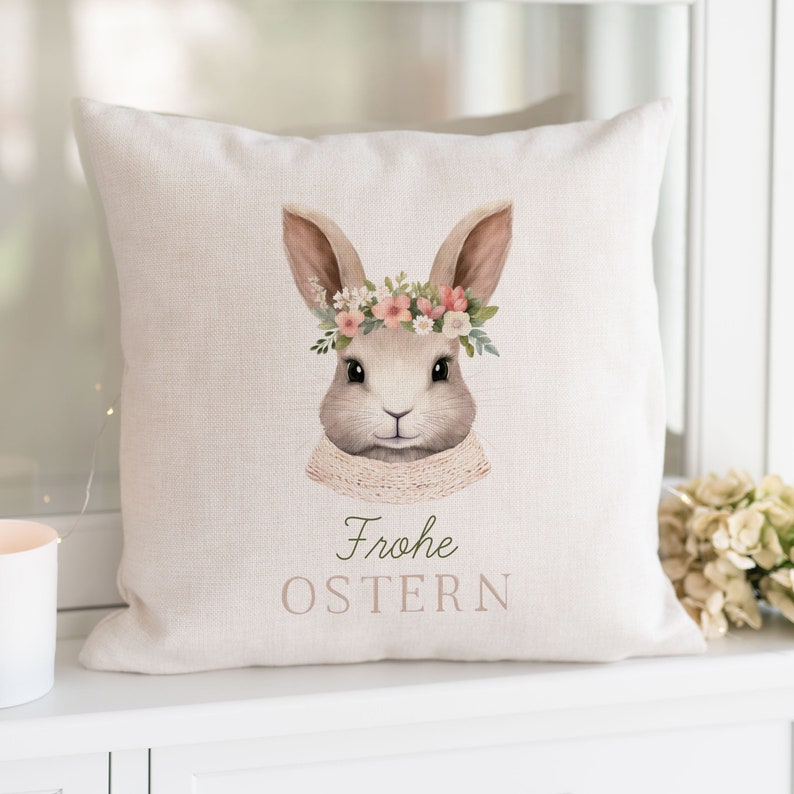 Kissen Hase Blumenkranz Frohe Ostern Ostern Einzug Osterdekoration Kissen Dekokissen Frühling Deko Dekoration Bild 1