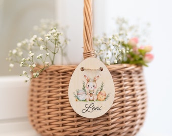 Personalisiertes Osterkörbchen mit Anhänger und Korb | Hasenmädchen Blumenkranz | Holzschild Baby Kind Ostertasche Geschenkidee | Osternest