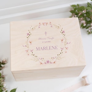 Erinnerungskiste Taufe Blumenkranz lila, Geschenk Kommunion, Konfirmation , Taufgeschenk, Geschenk Baby, Geschenk zur Geburt