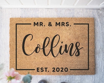 Zerbino in cocco personalizzato 'Mr & Mrs Frame Date' | Ingresso regalo | Regalo di nozze | Zerbino | Zerbino | Culto delle lettere