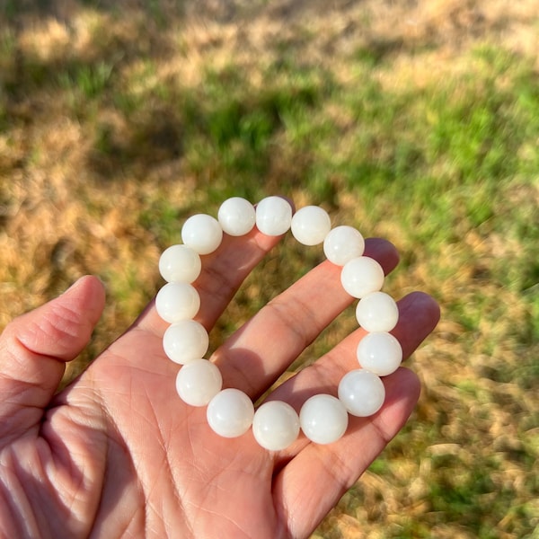 White Nephrite Jade 12mm Bead Bracelet B817