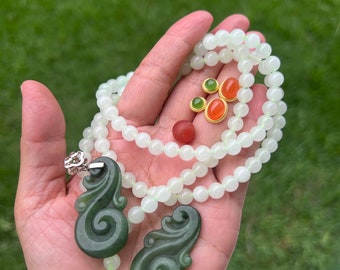 Clearance: Natural Nephrite Pendants+Quartz Bead Necklace+Agate Earrings A282