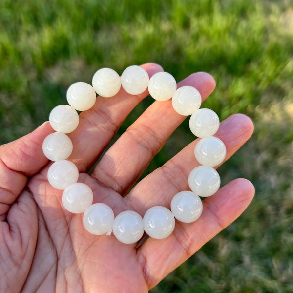 Translucent White Nephrite Jade 12mm Bead Bracelet B816 3