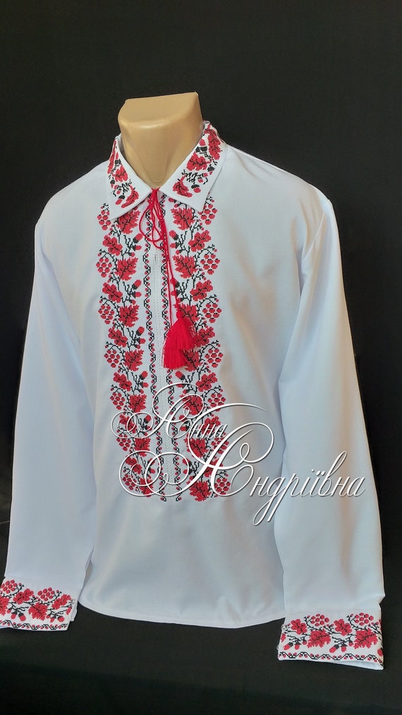 VYSHYVANKA Man Ukrainian Embroidered LINEN White Blue SHIRT XL GIFT FOR HIM