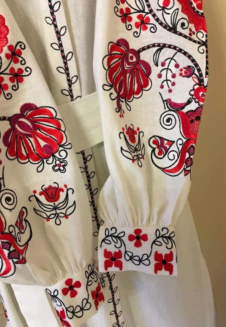 Troyanda Embroidered Linen Cotton Midi Dress – Ukrainian Floral Vyshyvanka