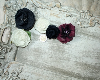 Brooch or deco flower / rose hand-felted in black / white / red tones hand-dyed