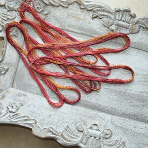May include: A bundle of variegated embroidery thread in shades of deep red, orange, and gold, coiled in loose loops. The thread features a textured, slightly metallic appearance with a multi-tonal color gradient throughout the strands.