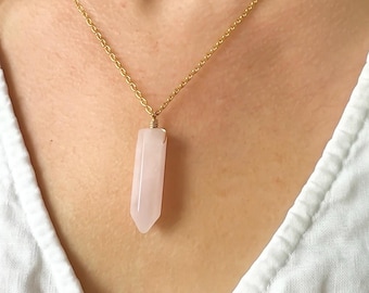 Gold Rose Quartz Point Necklace, Bullet Crystal Necklace, Pink Pendant, Rose Quartz Long Crystal Necklace, Healing, Spiritual