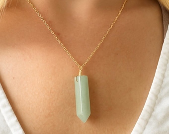 Green Aventurine Point Necklace, Gold and Sterling Silver Chain, Bullet Green Crystal Pendant, Long Crystal Necklace, Healing, Spiritual