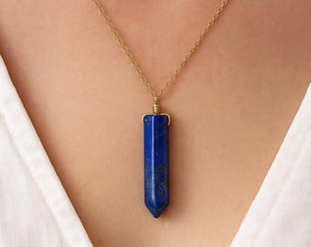 Lapis Lazuli Point Necklace, Gold Chain, Bullet Blue Stone Necklace, Crystal Pendant, Long Necklace, Healing, Spiritual