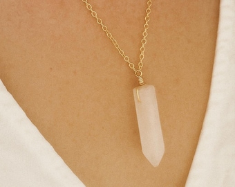 White Quartz Point Necklace, Gold Chain, Bullet Crystal Necklace, Clear Quartz Pendant, Long Crystal Necklace, Healing, Spiritual