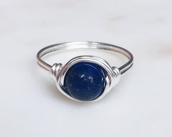 Lapis Lazuli Ring, Wire wrapped ring, Blue stone ring, Sterling Silver ring, Blue gemstone ring, Natural Stone ring, Wire ring, Gift