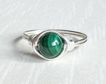 Green Malachite Ring, Gemstone wire wrapped ring, Stone ring, Sterling silver, Malachite ring, Spiritual, Gift
