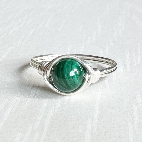 Green Malachite Ring, Gemstone wire wrapped ring, Stone ring, Sterling silver, Malachite ring, Spiritual, Gift