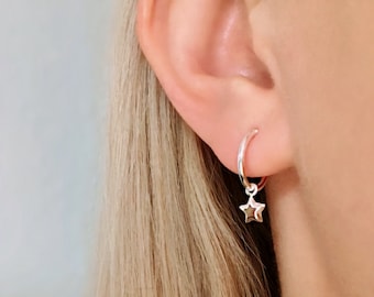 Star Hoops Sterling Silver - Small hoops, Star earrings, Star charm hoops, Silver hoops, Tiny hoop earrings, Gift for her, EH004