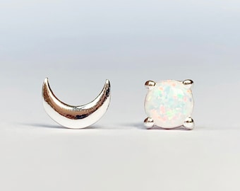 Crescent Moon and Opal Stud Earrings, White fire opal, Sterling silver, Moon earrings, Opal earrings, Bridesmaids, Gift