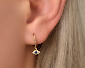 Evil Eye Hoop Earrings, Tiny Evil Eye Hoops, Gold Evil Eye Earrings, Silver Hoops, Diamond CZ Earrings, Small Hoops, Blue Evil eye, Huggies