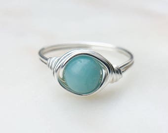 Amazonite Ring, Blue gemstone ring, Wire Wrapped ring, Sterling silver ring, Blue stone ring, Statement ring, Boho ring, Gift