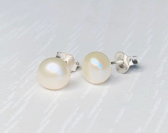 Freshwater Pearl Earrings, 5mm Pearl Studs, White Ivory Pearls, Sterling Silver, Classic Studs