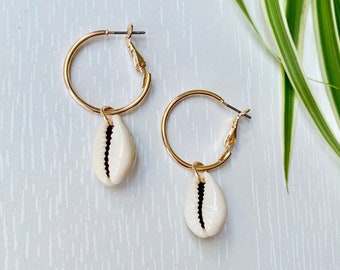 Shell Hoop Earrings, Gold, Cowrie Earrings, Natural Shell Earrings, Seashell Earrings, Gold Plated Hoops