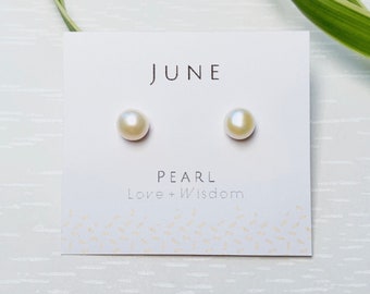 Orecchini di pietra portafortuna di giugno, orecchini di perle d'acqua dolce, perle genuine, perle bianche avorio, argento sterling, regalo di compleanno di giugno, 6mm