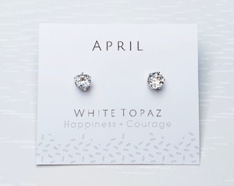 April Birthstone Earrings, White Topaz Stud Earrings, Genuine Topaz, Topaz Earrings, Sterling Silver, Diamond Studs, April Birthday Gift
