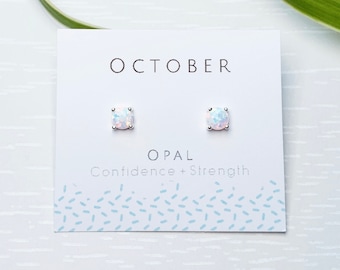 October Birthstone Earrings, Opal Studs, Sterling Silver, White Opal, Multicolour Fire Opals, October Earrings, Gift