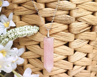 Rose Quartz Bullet Necklace, Sterling Silver, Rose quartz crystal point necklace, Rose quartz point, Long crystal necklace, Pink pendant