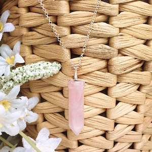 Rose Quartz Bullet Necklace, Sterling Silver, Rose quartz crystal point necklace, Rose quartz point, Long crystal necklace, Pink pendant