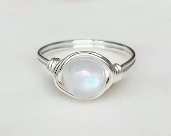 Moonstone Ring, Sterling silver ring, Rainbow moonstone, Wire wrapped, Moonstone, Crystal, White stone, Gemstone ring, Silver ring, Gift