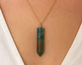 Green Agate Point Necklace, Gold Chain, Bullet Green Stone Necklace, Crystal Pendant, Long Necklace, Healing, Spiritual