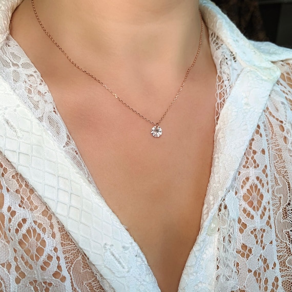 Solitaire CZ Diamond Necklace Sterling Silver Rose Gold Necklace Single Diamond Necklace Cubic Zirconia Dainty Necklace Etsy Canada