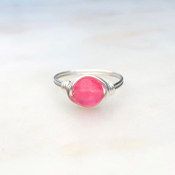 Pink Jade Ring, Fuchsia Jade, Sterling Silver ring, Wire Wrapped Ring, Pink Crystal Ring, Gemstone Ring, Hot Pink Stone Ring