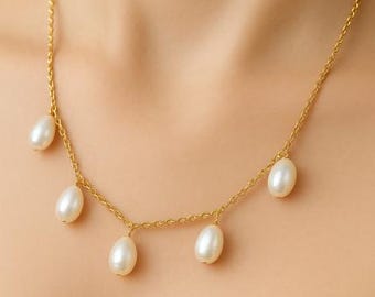 Multi Freshwater Pearl Drop Necklace, Gold Chain, Statement Necklace, Natural Raw Drop Necklace, Pearl Jewellery, Gift for Her
