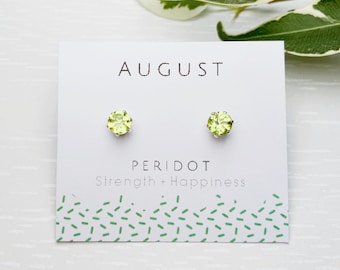 August birthstone Earrings, Peridot Stud Earrings, Silver studs, Peridot studs, Crystal stud earrings, Small studs, Green earrings, Gift