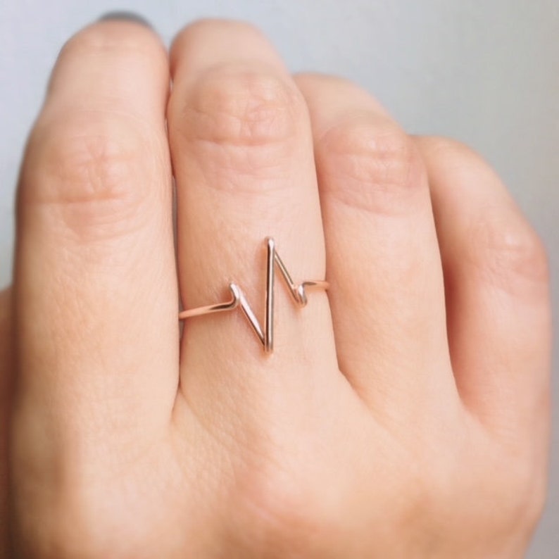 May include: A thin rose gold ring featuring a continuous wire design that forms a sharp, angular heartbeat or EKG rhythm pattern. The metallic band is smooth and minimalist, wrapping around the finger with a distinct, pointed zigzag shape.