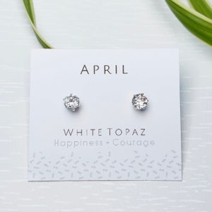 April Birthstone Earrings, White Topaz Stud Earrings, Genuine Topaz, Topaz Earrings, Sterling Silver, Diamond Studs, April Birthday Gift image 8