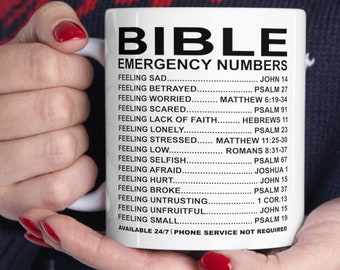 Bible Emergency Numbers Coffee Mug, Bible Mug, Bible Gift, Religious Gift, Scriptures, Church Gift, Secret Sister Gift, White Bible Mug, New