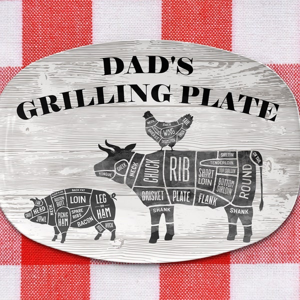 BBQ Grilling Platter Personalized Serving Tray, Father's Day BBQ Gifts, Grilling Plate, Gifts for Dad, Butcher Cuts, Cow, Hog, Chicken Chart