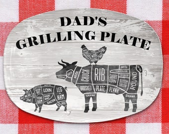 BBQ Grilling Platter Personalized Serving Tray, Father's Day BBQ Gifts, Grilling Plate, Gifts for Dad, Butcher Cuts, Cow, Hog, Chicken Chart