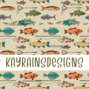 May include: A repeating pattern featuring fish in brown, green, orange, and blue, alongside fishing nets and rods, set against a beige backdrop. The text "KAYRAINSDESIGNS" is displayed in a white rectangle at the bottom.