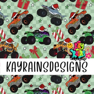 May include: A repeating pattern featuring monster trucks wearing Santa hats, gift boxes, and stars on a light green checkered background. The text KAYRAINSDESIGNS appears in a large white banner across the center and as a logo in the corner.
