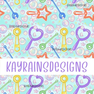 May include: A seamless pattern featuring colourful bubble wands and iridescent bubbles on a light blue background. The pattern includes stars, hearts, and glitter. The text "KAYRAINS DESIGNS" is displayed in the centre of the image.