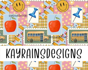 School Patchwork Seamless File - Digital Download, Seamless pattern for sublimation, Repeating Design, Back to school, School Bus Seamless